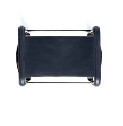 Pair of blue and black metal stools without a backrest.