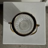 Small golden glass ice bucket with diamond point design and its scoop.