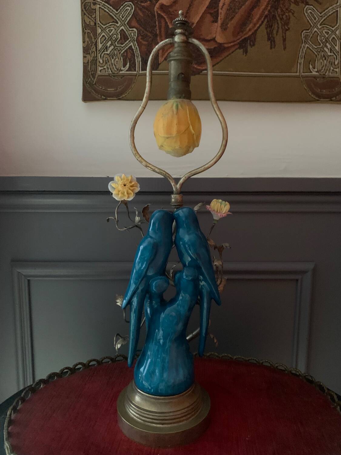 Superb Arras Lamp & Flower Faience - Silvered Bronze - Boler brand -