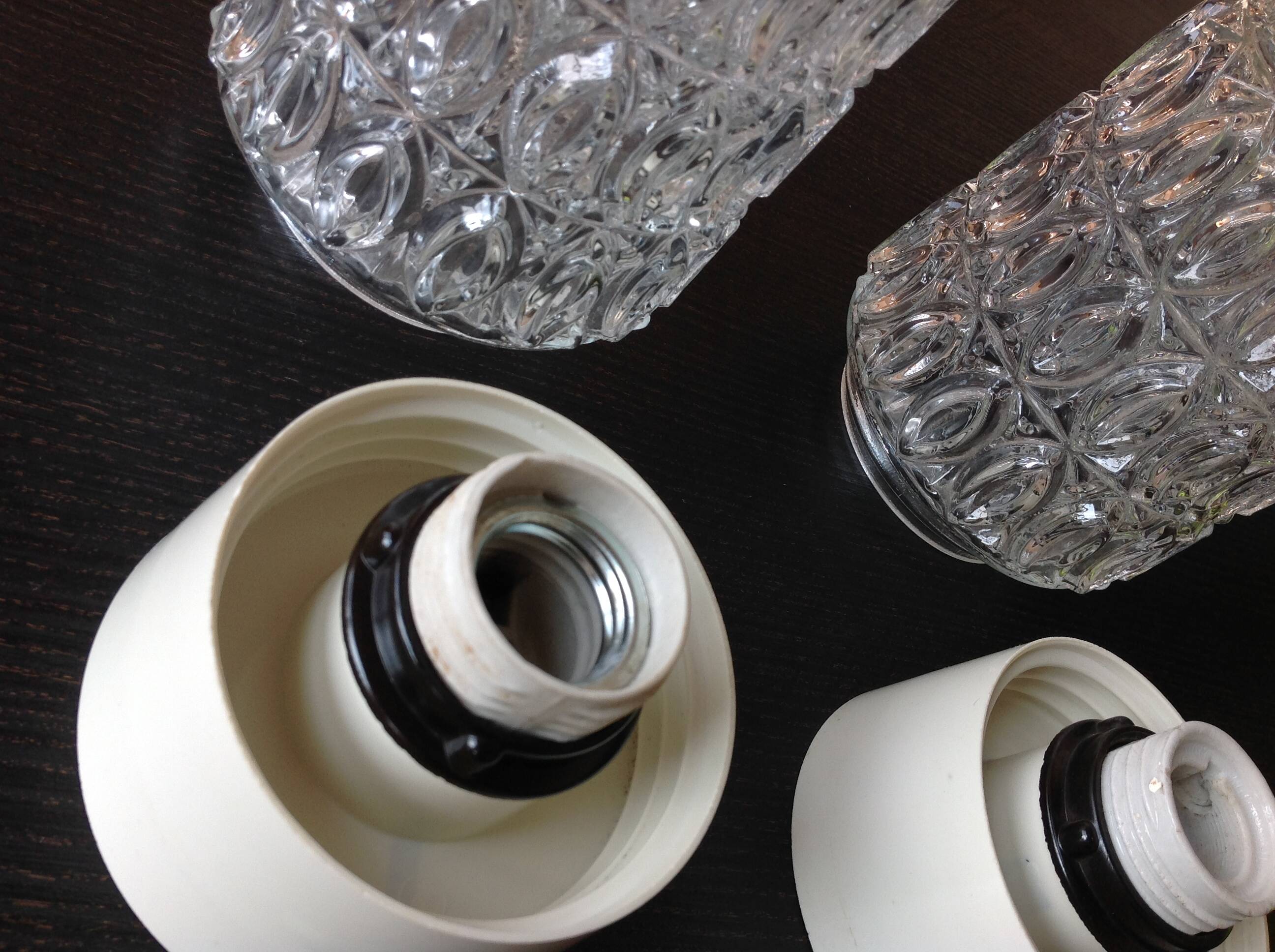 Pair of cylindrical structured glass ceiling lights / vintage 60s-70s