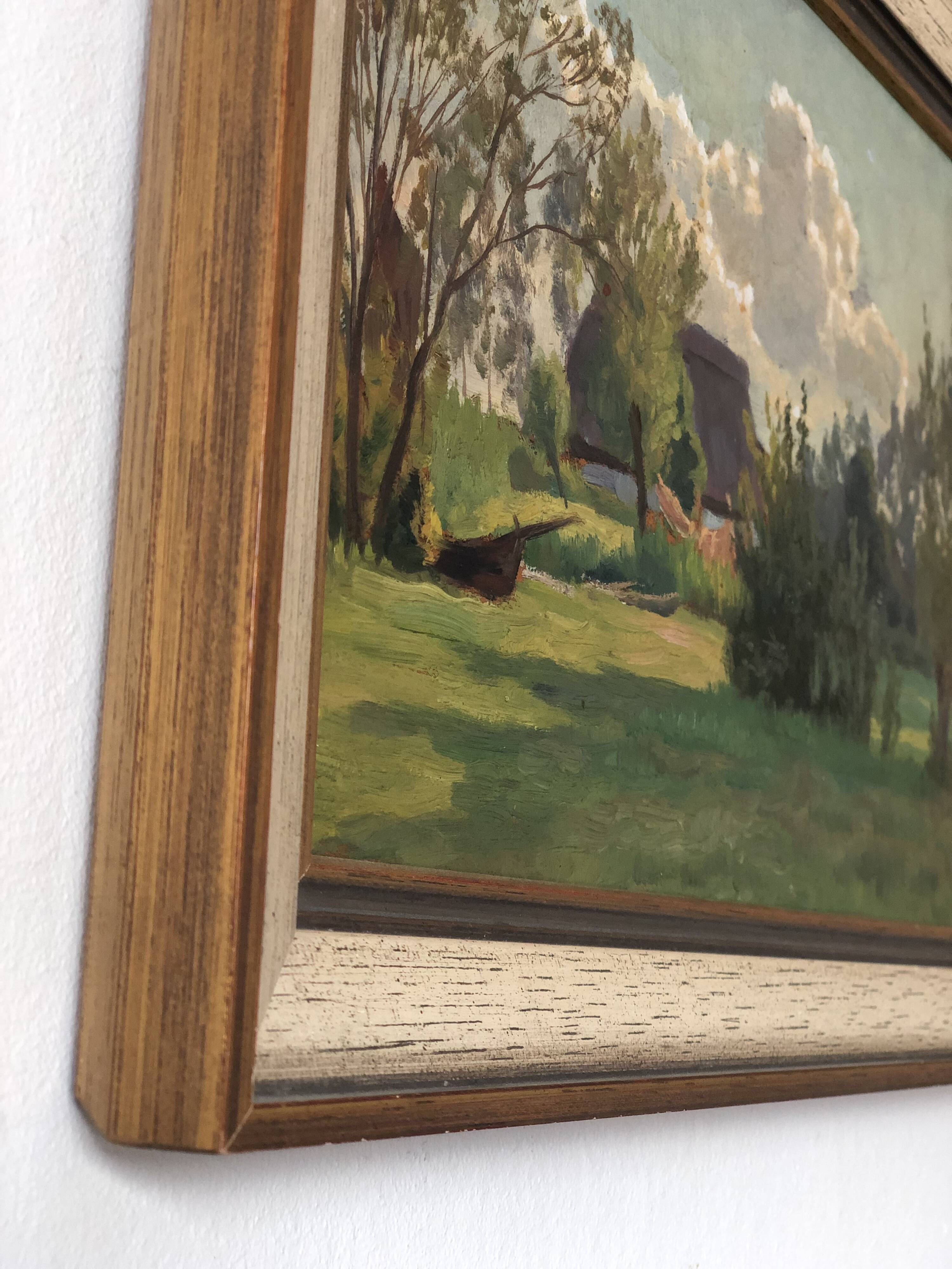 Vintage Original Landscape Oil Painting: Framed Countryside Cottage Art