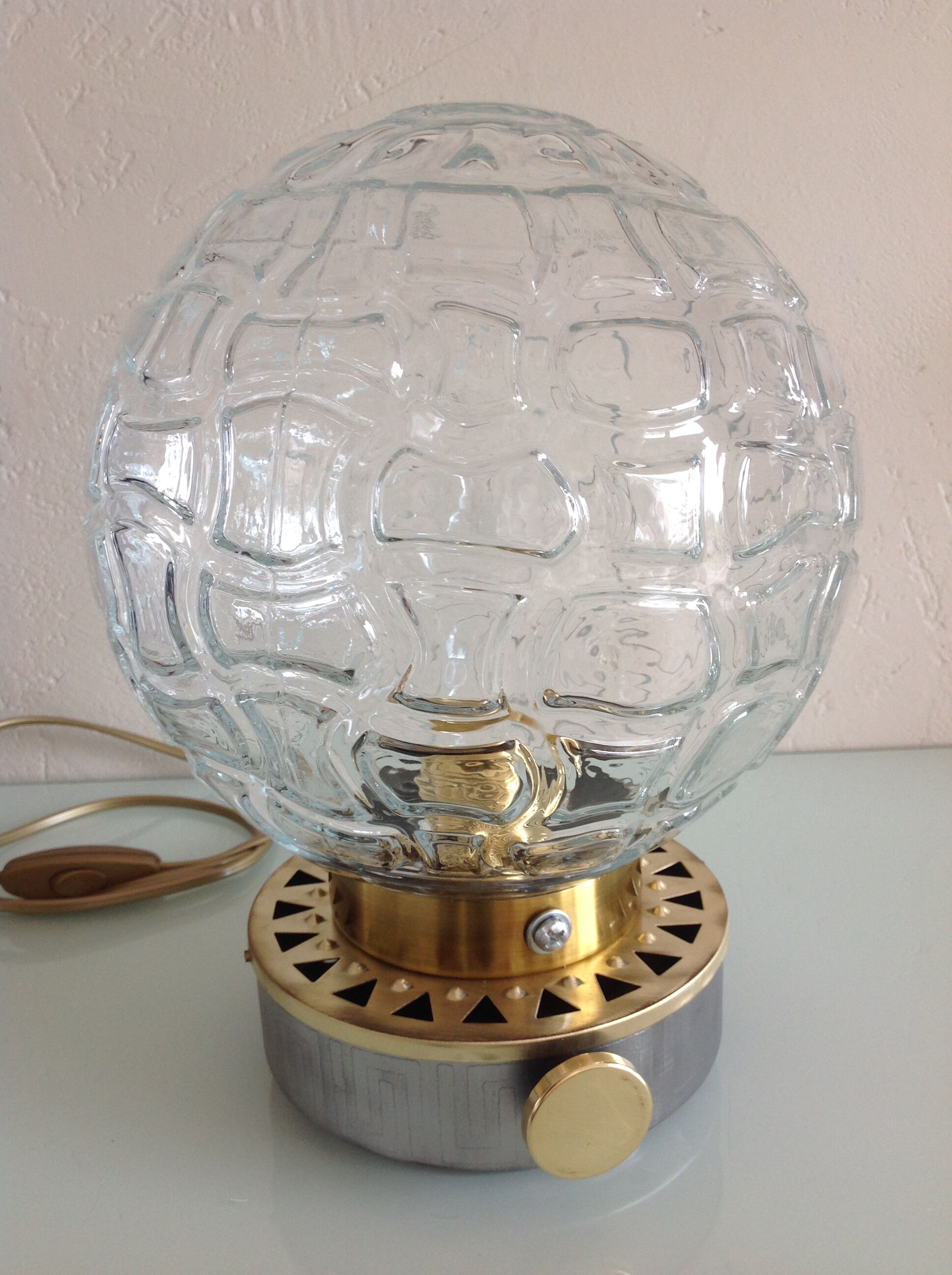 Structured glass globe lamp and metal-brass/ vintage 60s and 70s base