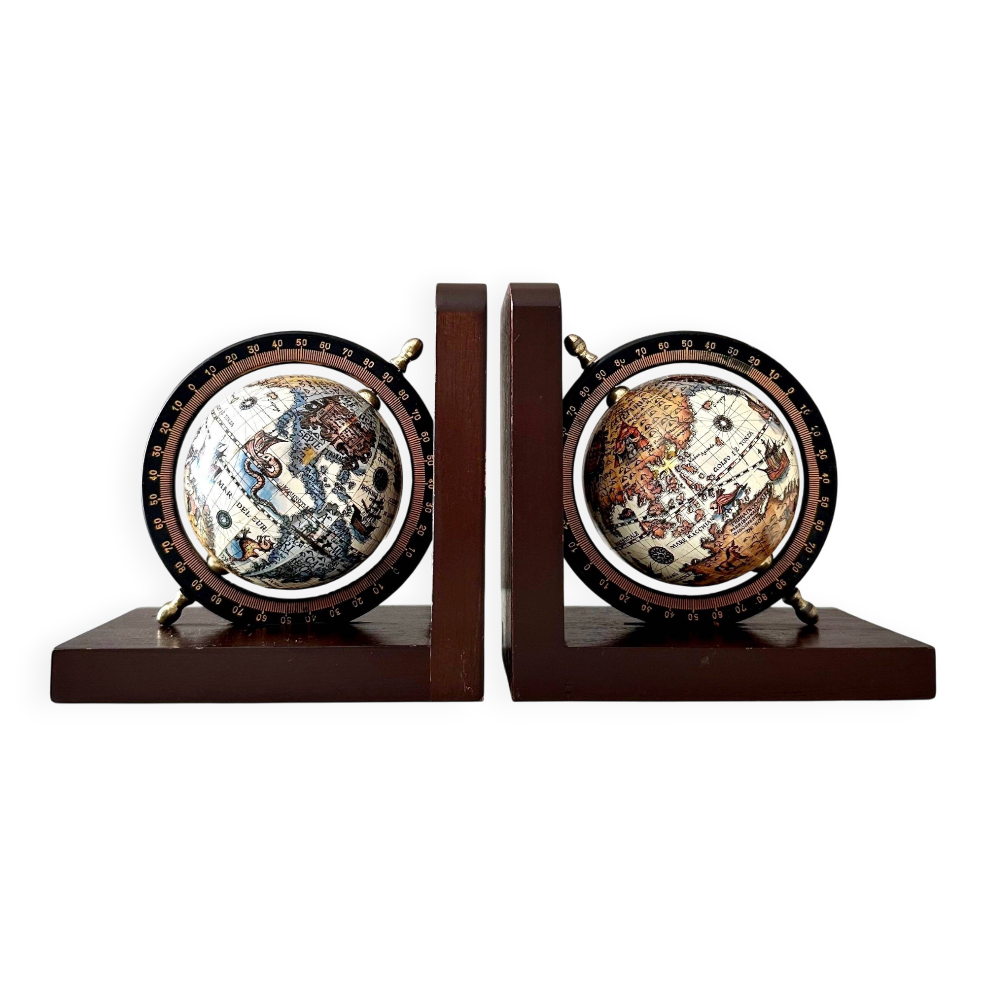 Vintage Bookends – Globe / World Map – Wooden