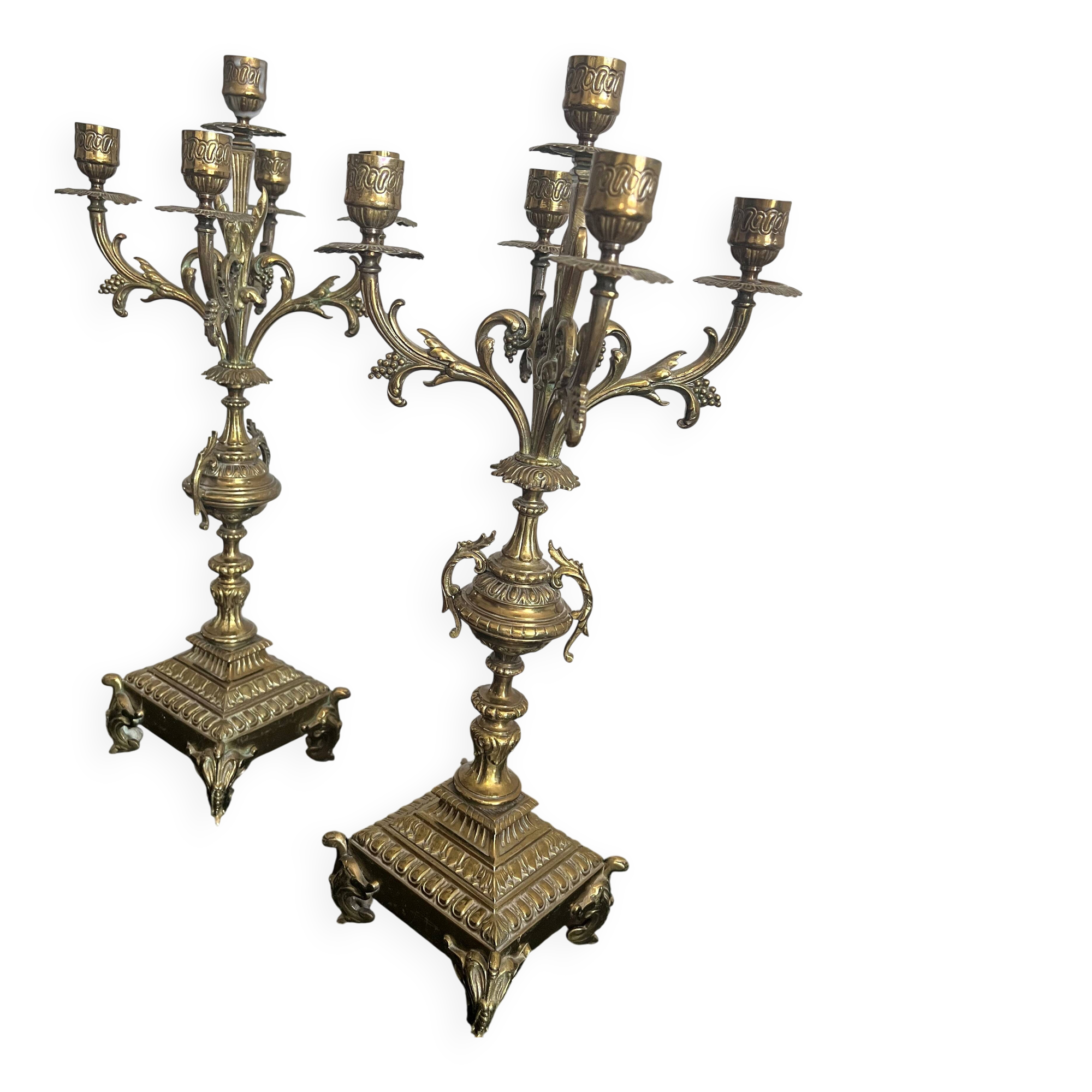 Pair of five-light gilded bronze candelabras, Napoleon III, 19th century.