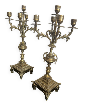 Pair of five-light gilded bronze candelabras, Napoleon III, 19th century.