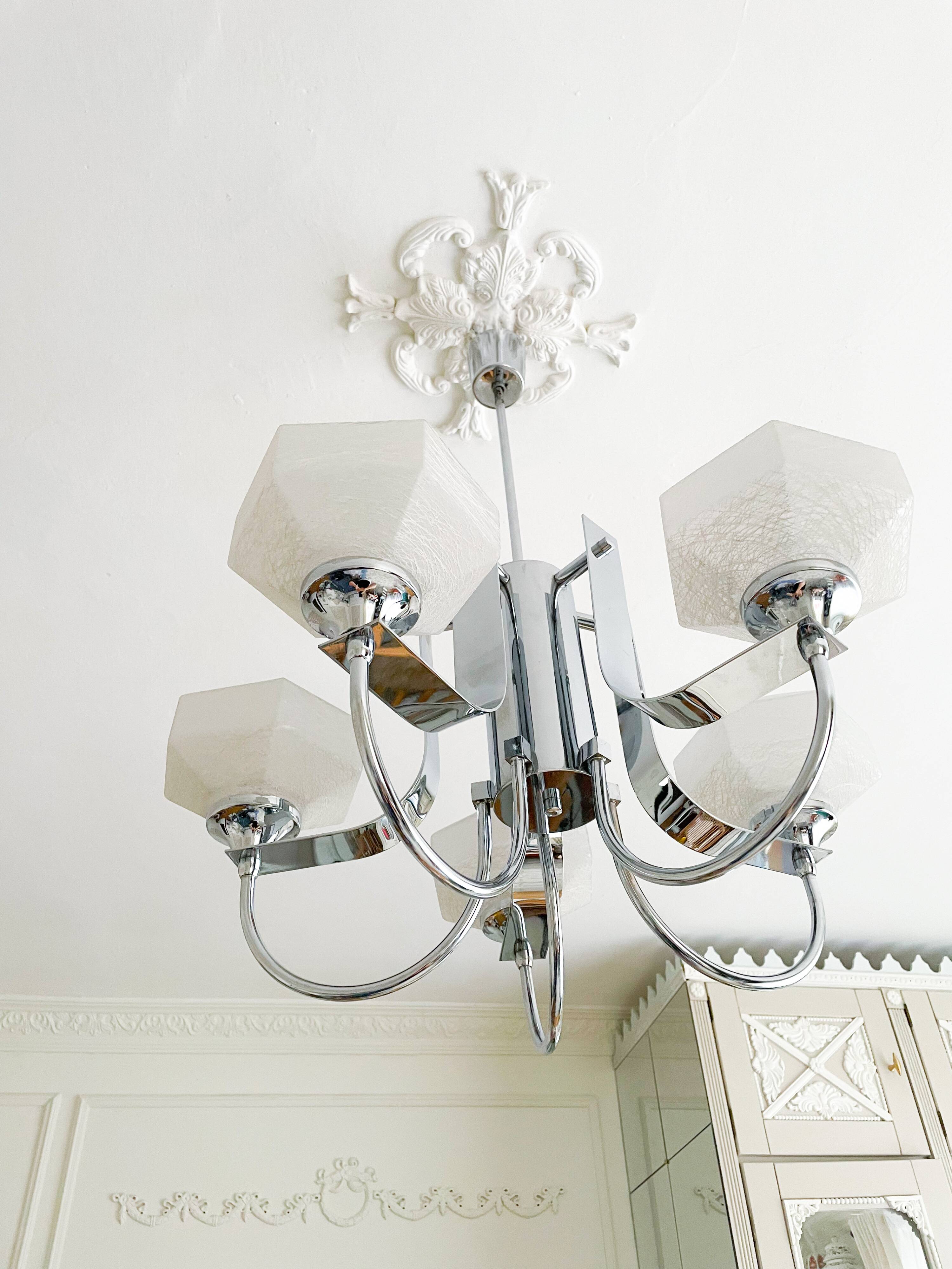 Lustre Gaetano Sciolari à 5 bras en métal chromé, Italie 1970