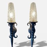 Pair of brutalist wall sconces in wrought iron