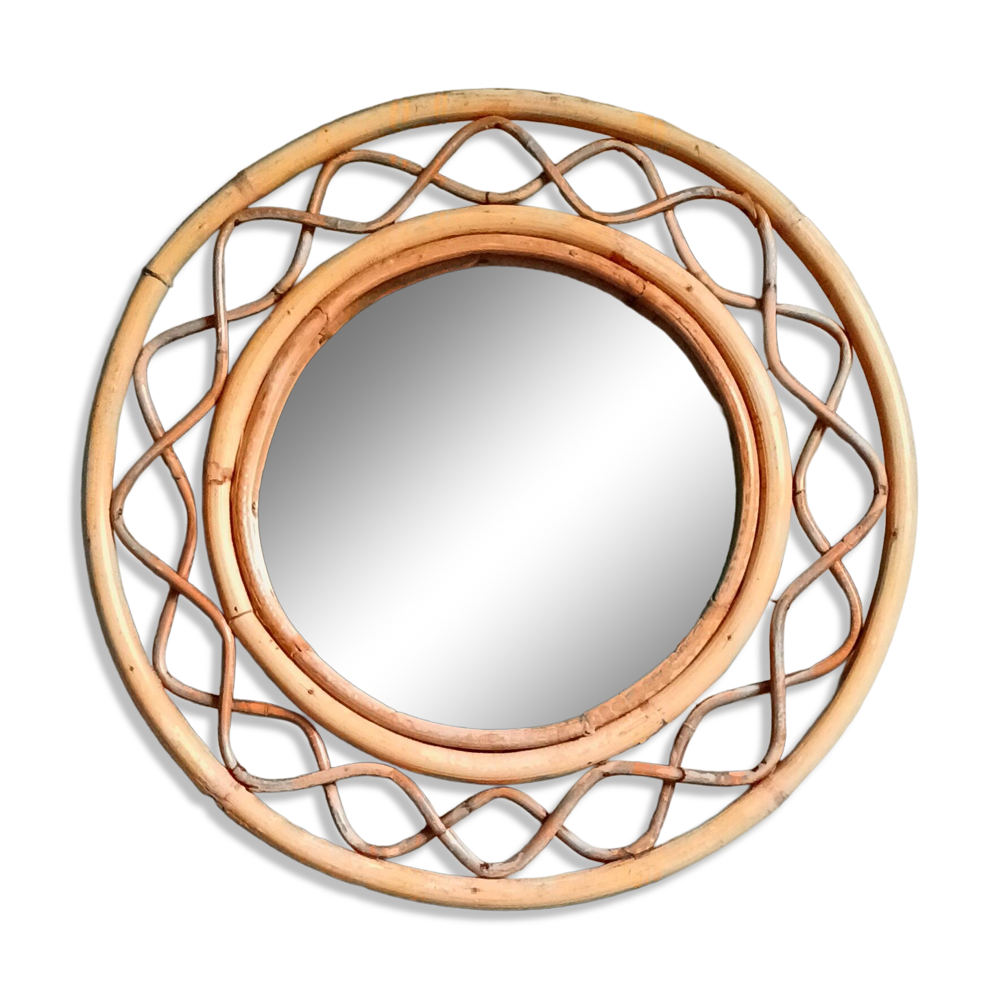 Miroir rond en rotin France 1960