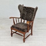 1960s, danish design, renovated-reupholstered high-back ear flap chair, sheepskin, oak wood