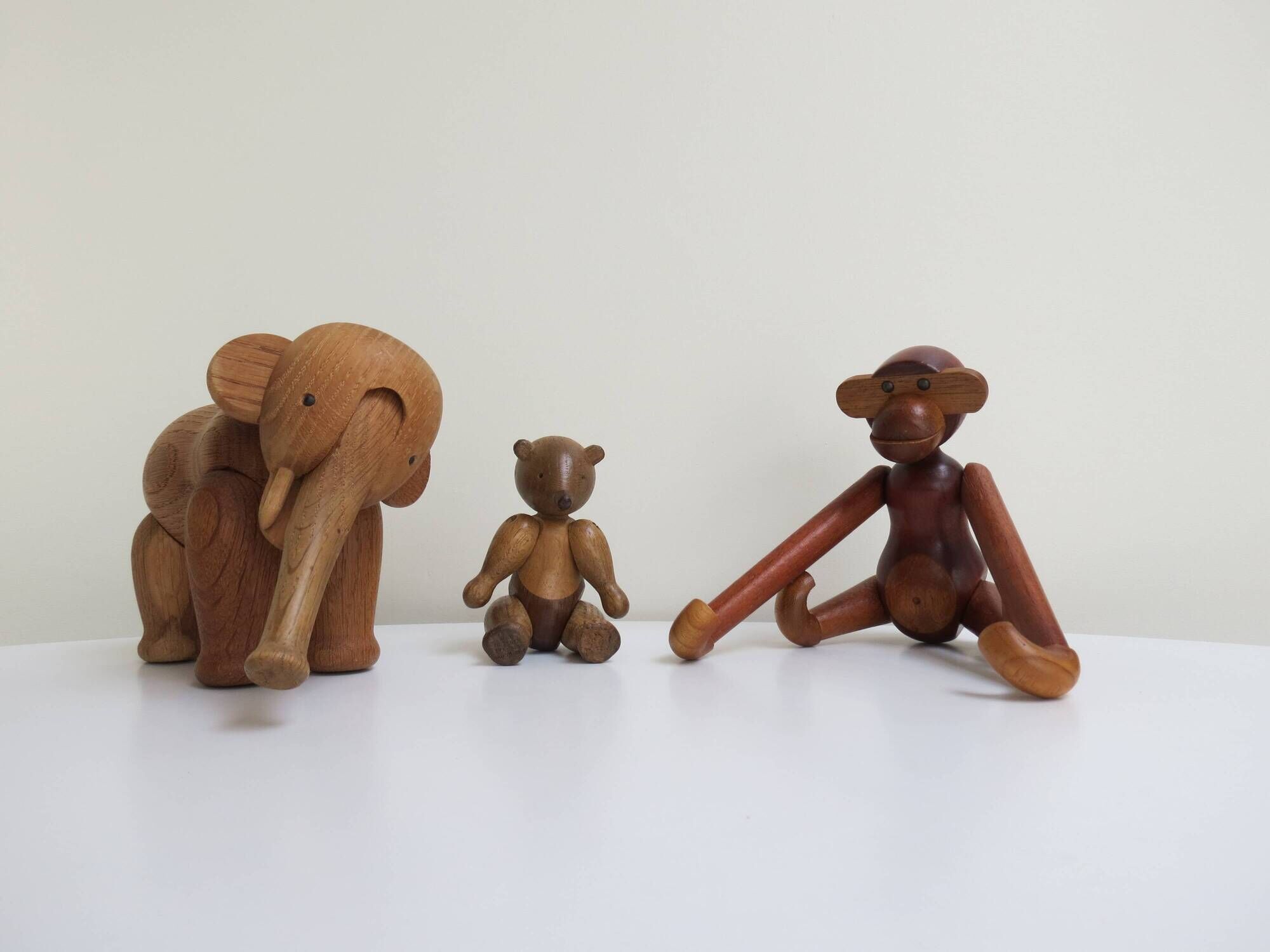 Set of 3 1960s Kay Bojesen Vintage Wooden Toy Monkey Elephant Bear Danish