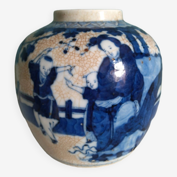 Small antique Asian ginger vase/pot in stamped cracked porcelain