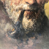 Oil on canvas portrait of an old man with a pipe