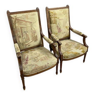 Pair of Louis XVI style shepherdesses with tapestry of La Fontaine's fables circa 1850