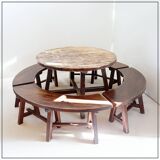 Round Table with 4 Curved Benches, France 1960s