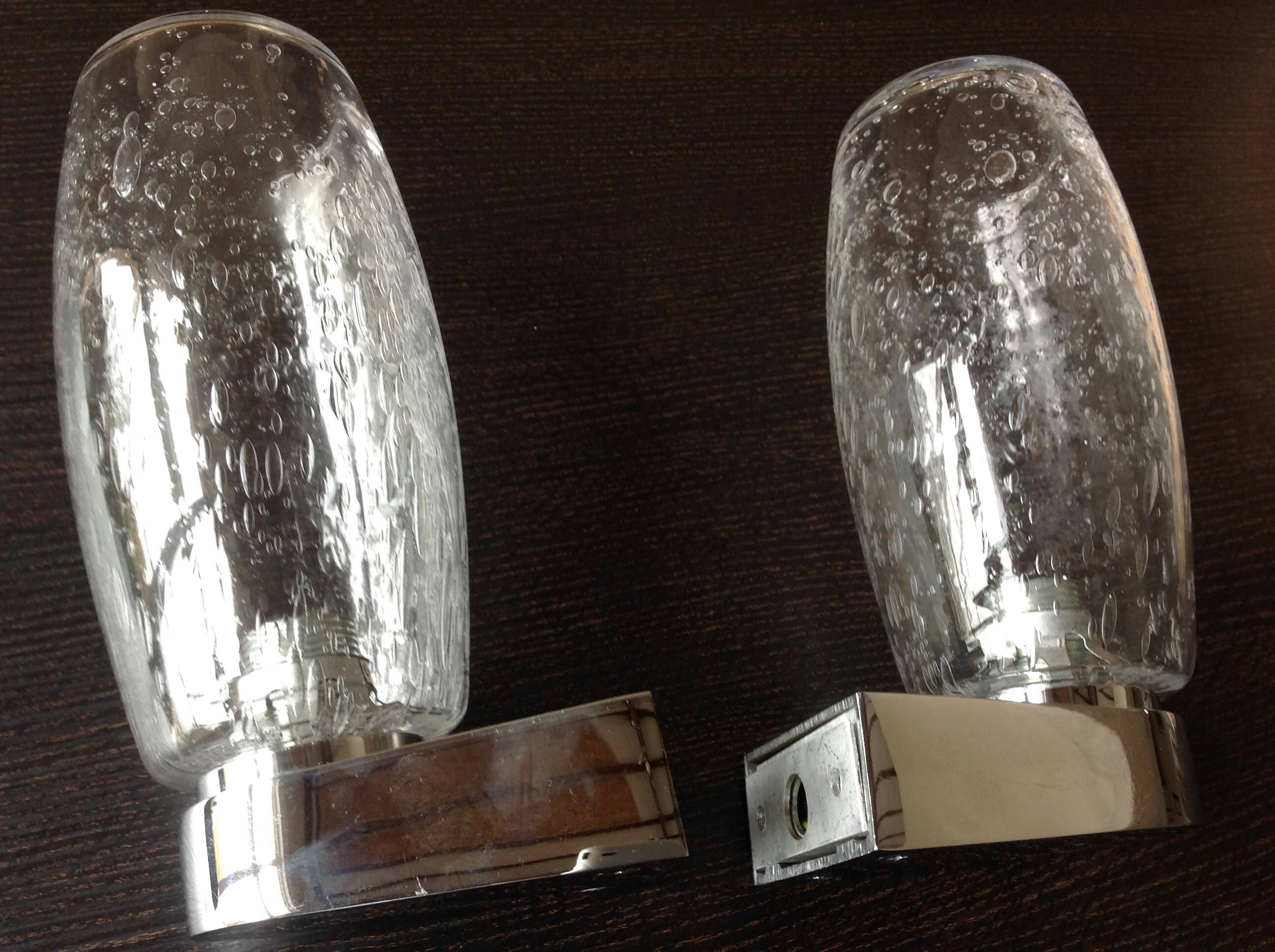 Pair of vintage 1970s-80s glass and chrome wall lights with teardrop shapes