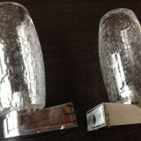 Pair of vintage 1970s-80s glass and chrome wall lights with teardrop shapes
