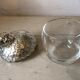 Quail-shaped table mustard silver metal and glass