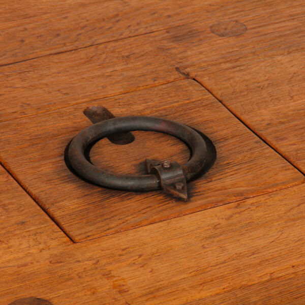 Round coffee table in solid oak and wrought iron, 1950.