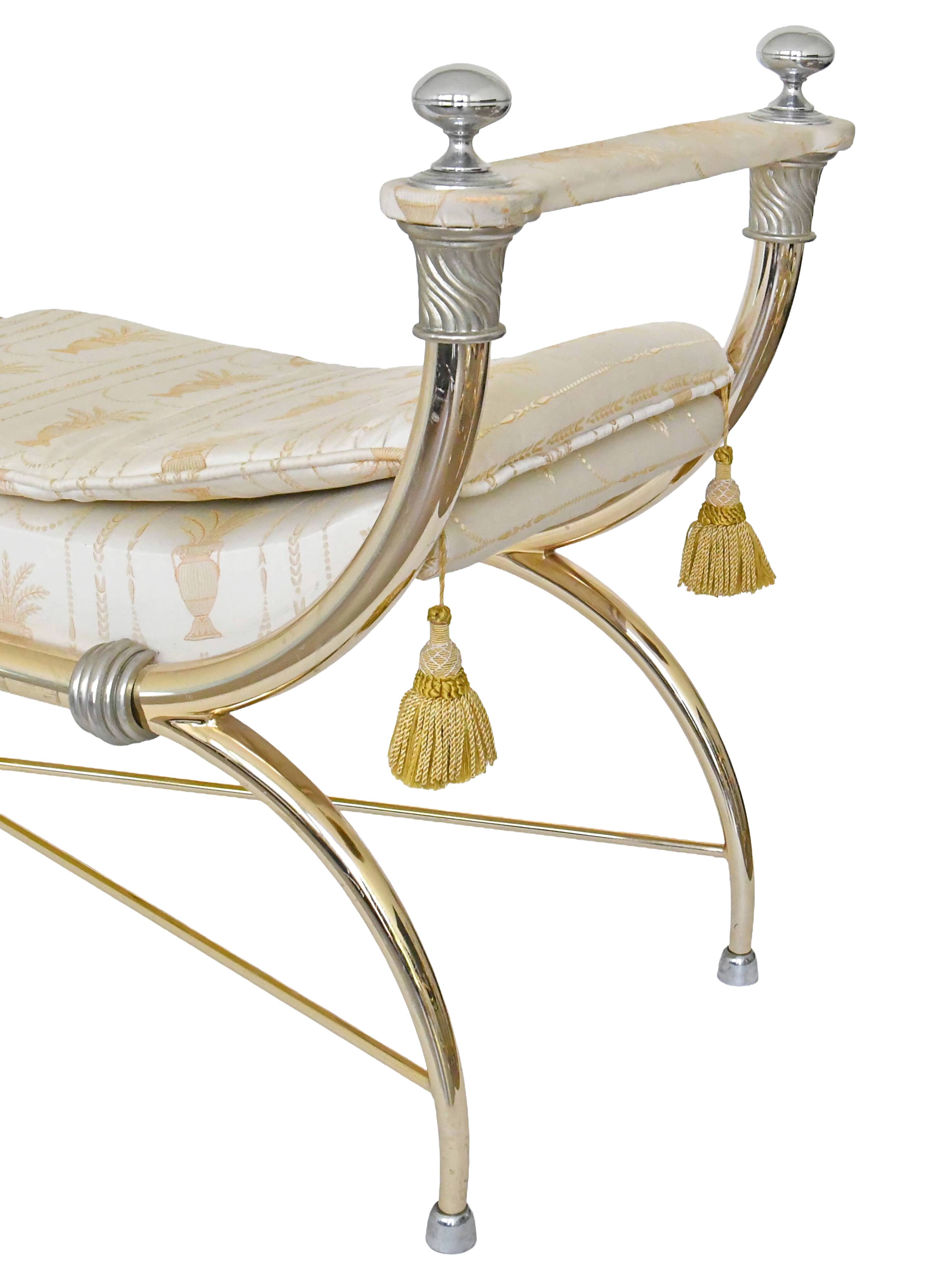 Bench in gilded brass and Empire-style fabric