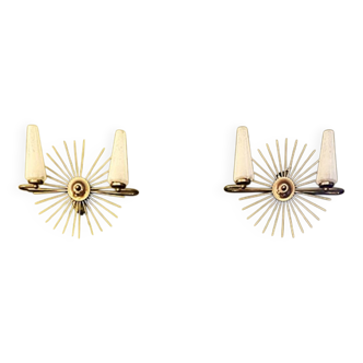 2 Antique 'Sun' Wall Lights in Glass & Brass