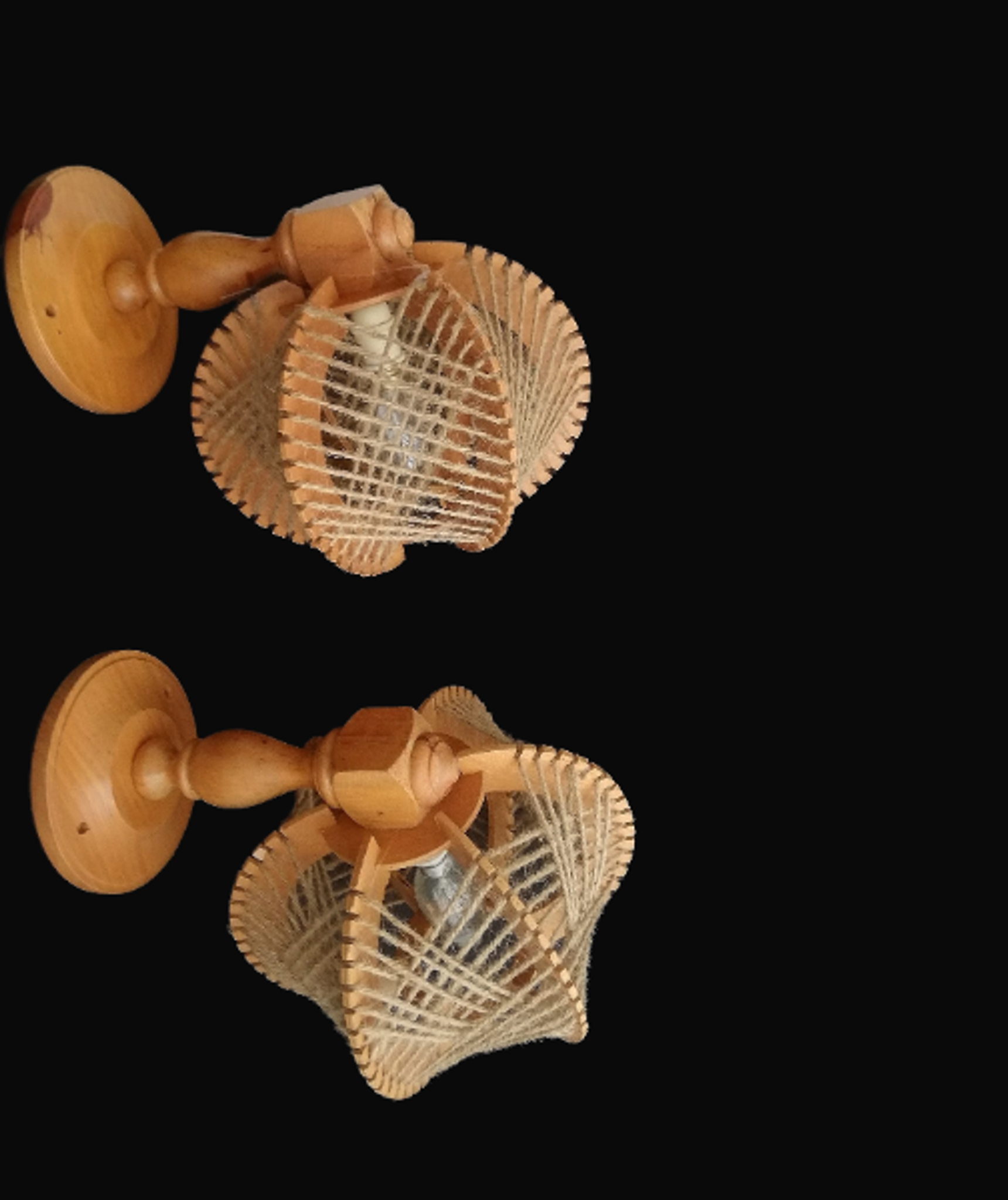 Pair of wooden wood straw wall sconce lamps rustic vintage France