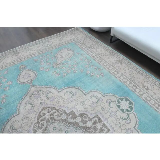 1960s Vintage Persian Handmade Wool Cotton Turquoise Area Rug 293x378