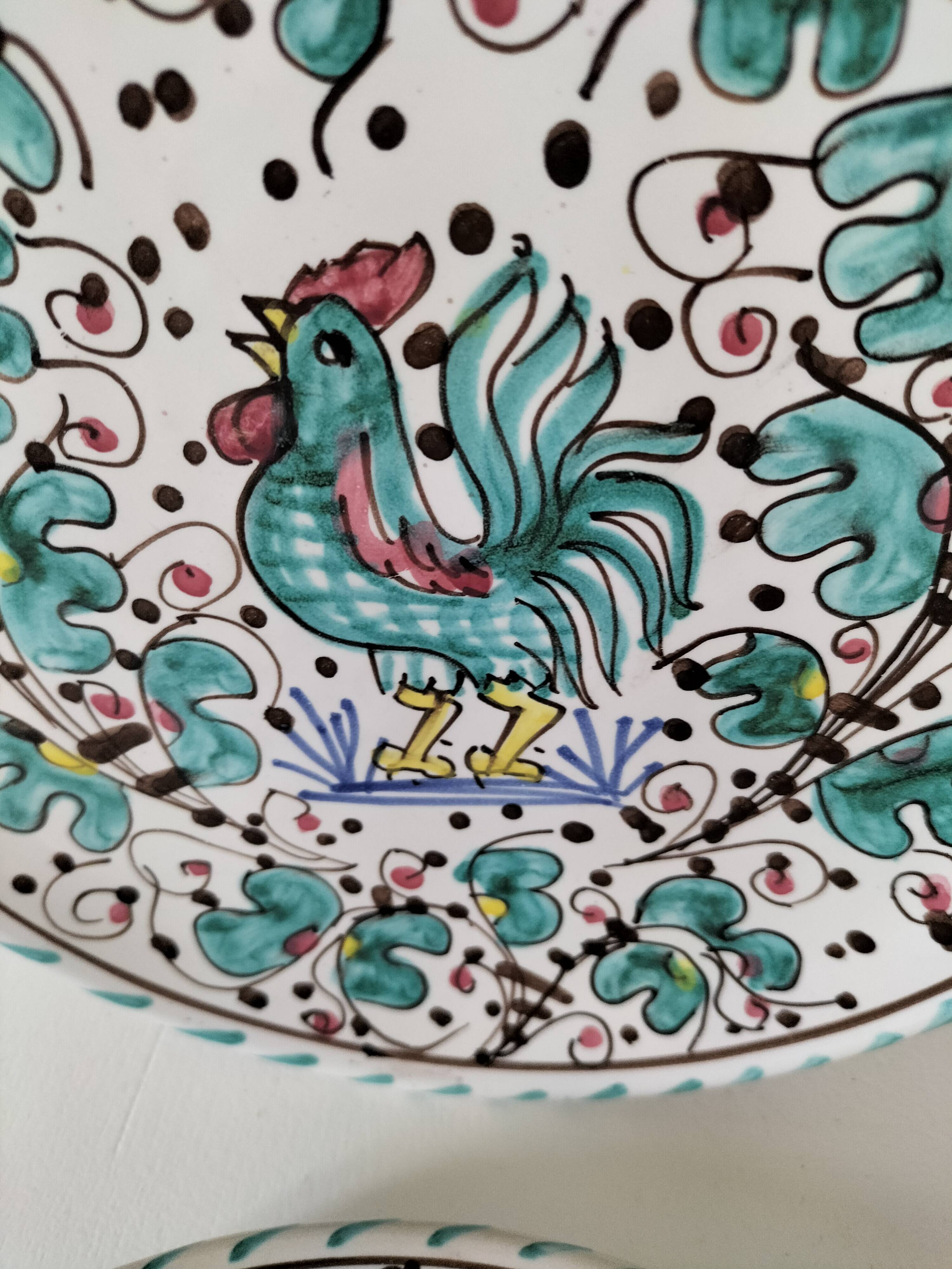 Duo d’assiettes Deruta Etrusca coq vert majolique italienne