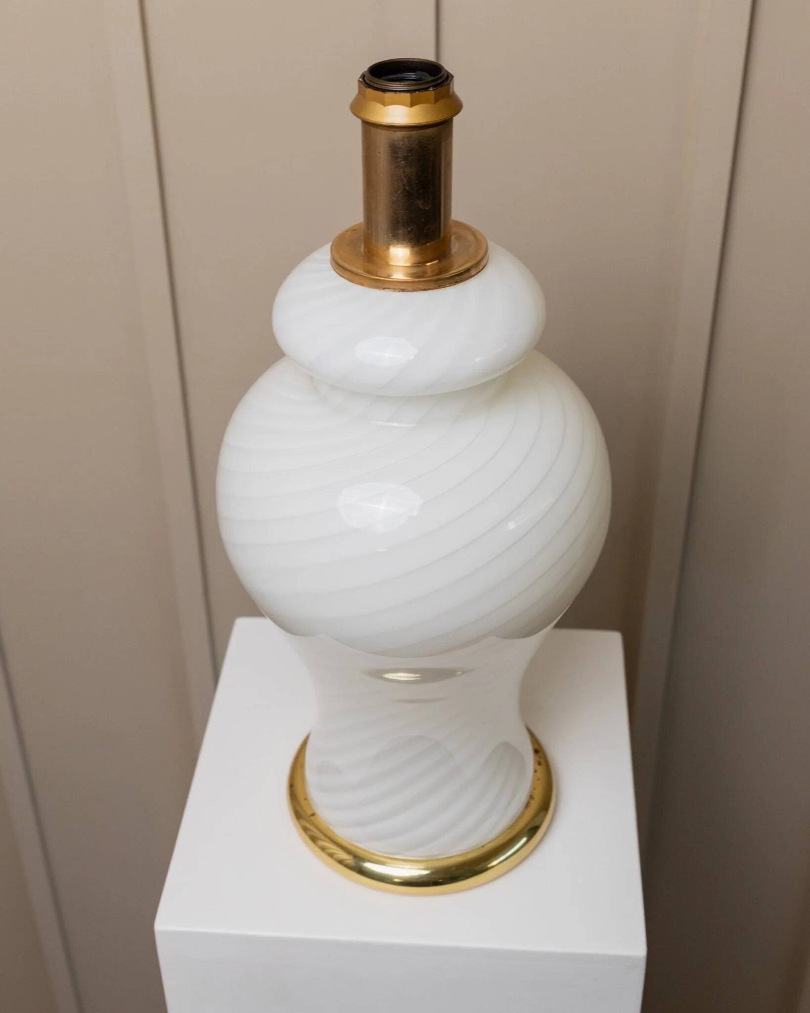 XXL Murano White Opaline Glass Table Lamp, 1970s Mid-Century Swirl, Mouth-Blown Italy