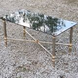 Coffee table of the 70s in neo-classical style gilded metal base and chrome smoked glass top