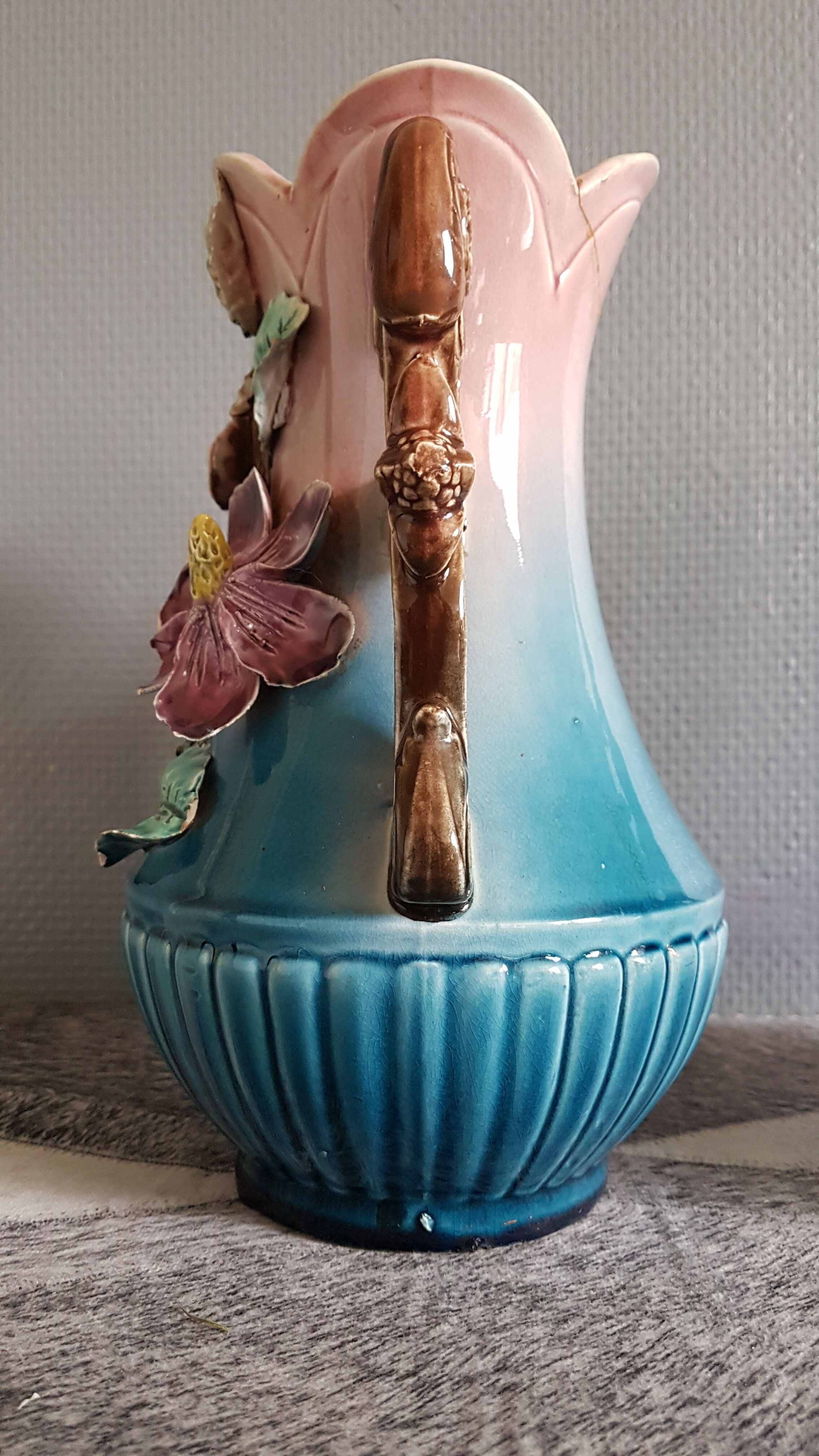 blue and pink art deco polychrome dabbling vases with floral decoration