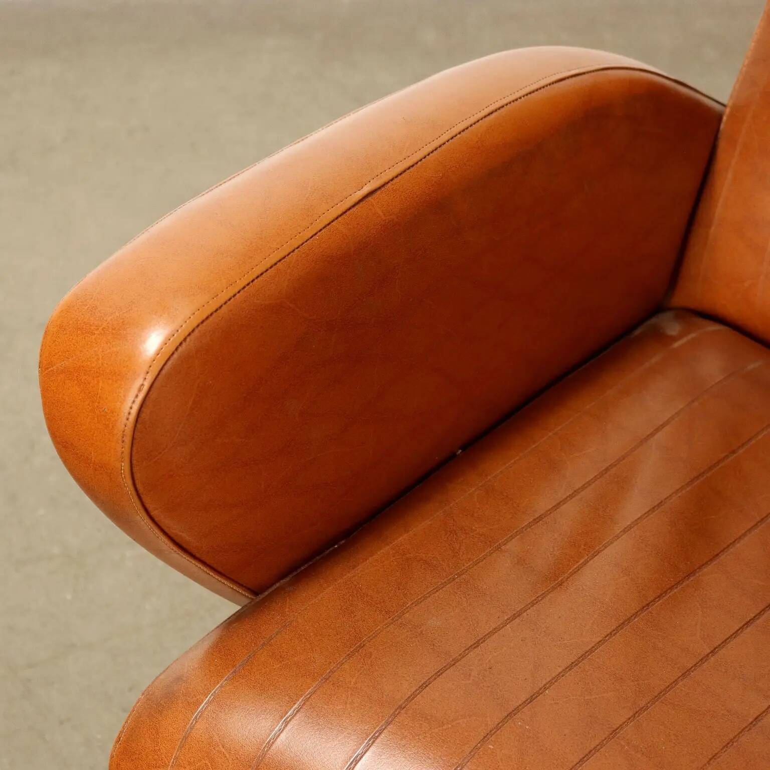Small vintage armchair in faux leather, metal and brass, 1950s-1960s design.