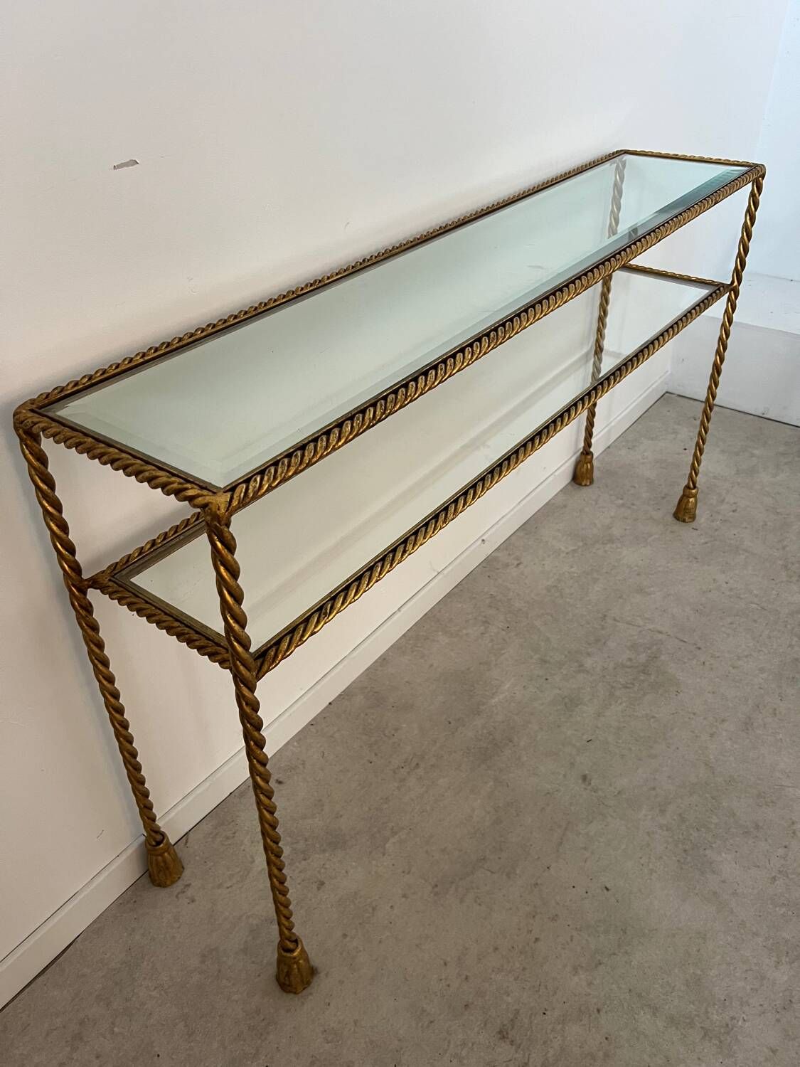 Antique console table in twisted gilded brass and glass Italian design from the 60s vintage table