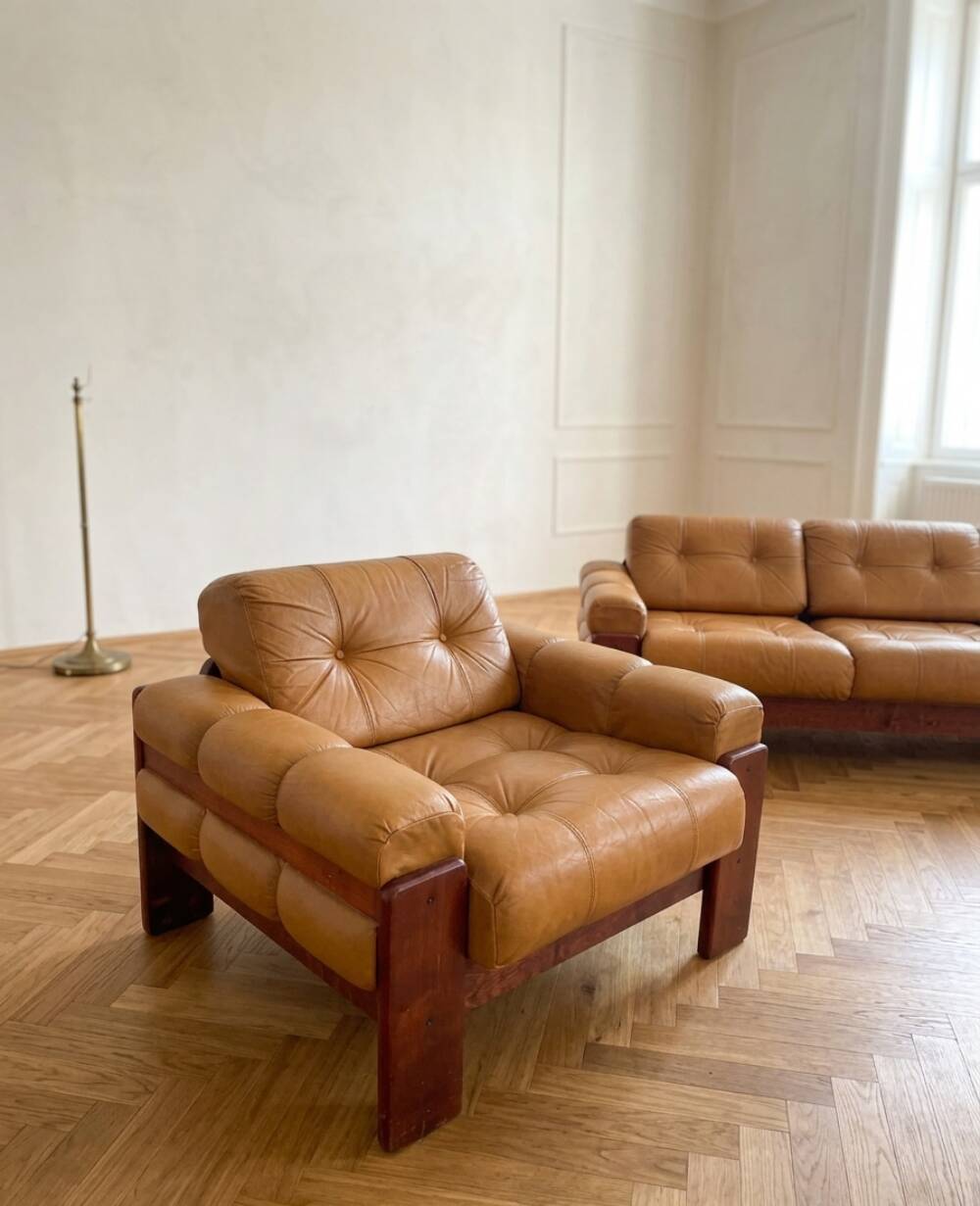 Czechoslovak Vintage Leather Living Room Set, Attributed to Dřevotvar, 1970