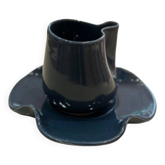 Set of mugs and cups, water lily, handmade ceramic, pop, petrol blue