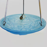 Old degue chandelier, suspension basin art deco 1 fire, in blue glass paste. signed degué