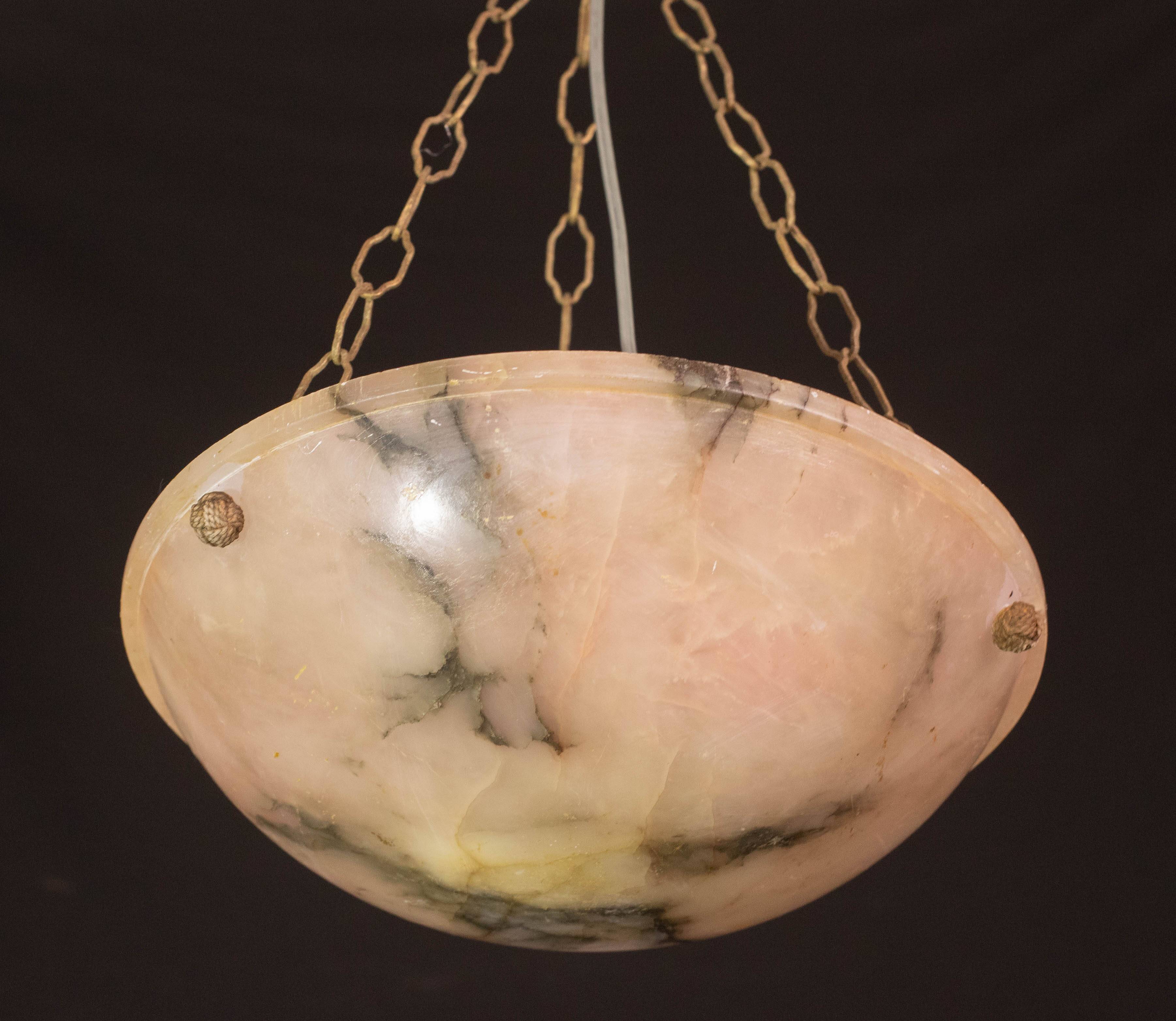 Art Decò Albaster white and pink chandelier, 1950s