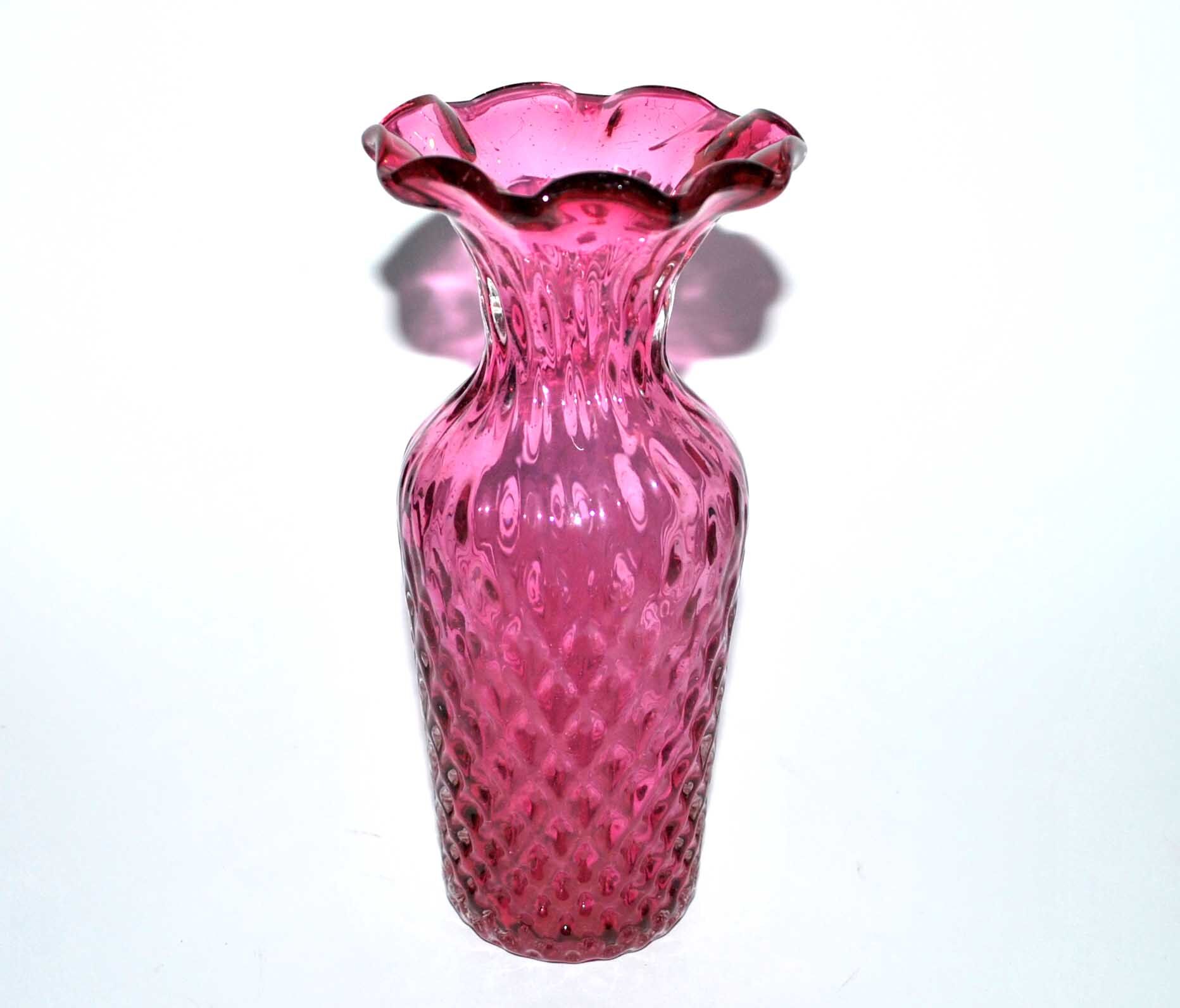 Vintage pink blown glass cornet vase - vintage pineapple shape 18cm