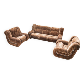 Living room set, 3-seater sofa and 2 armchairs in beige chenille, 1970s