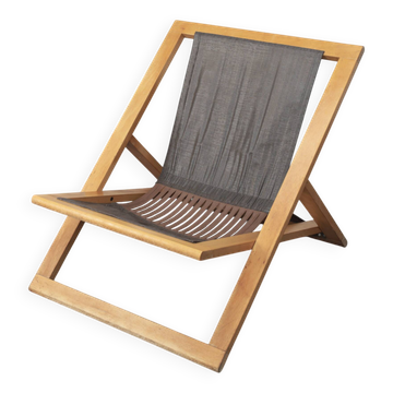 Chaise longue pliante moderniste avec cadre en bois, années 1970