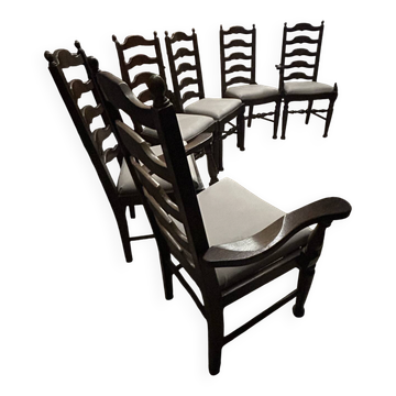 Set of 6 antique oak upholstered dining chairs including 2 carvers