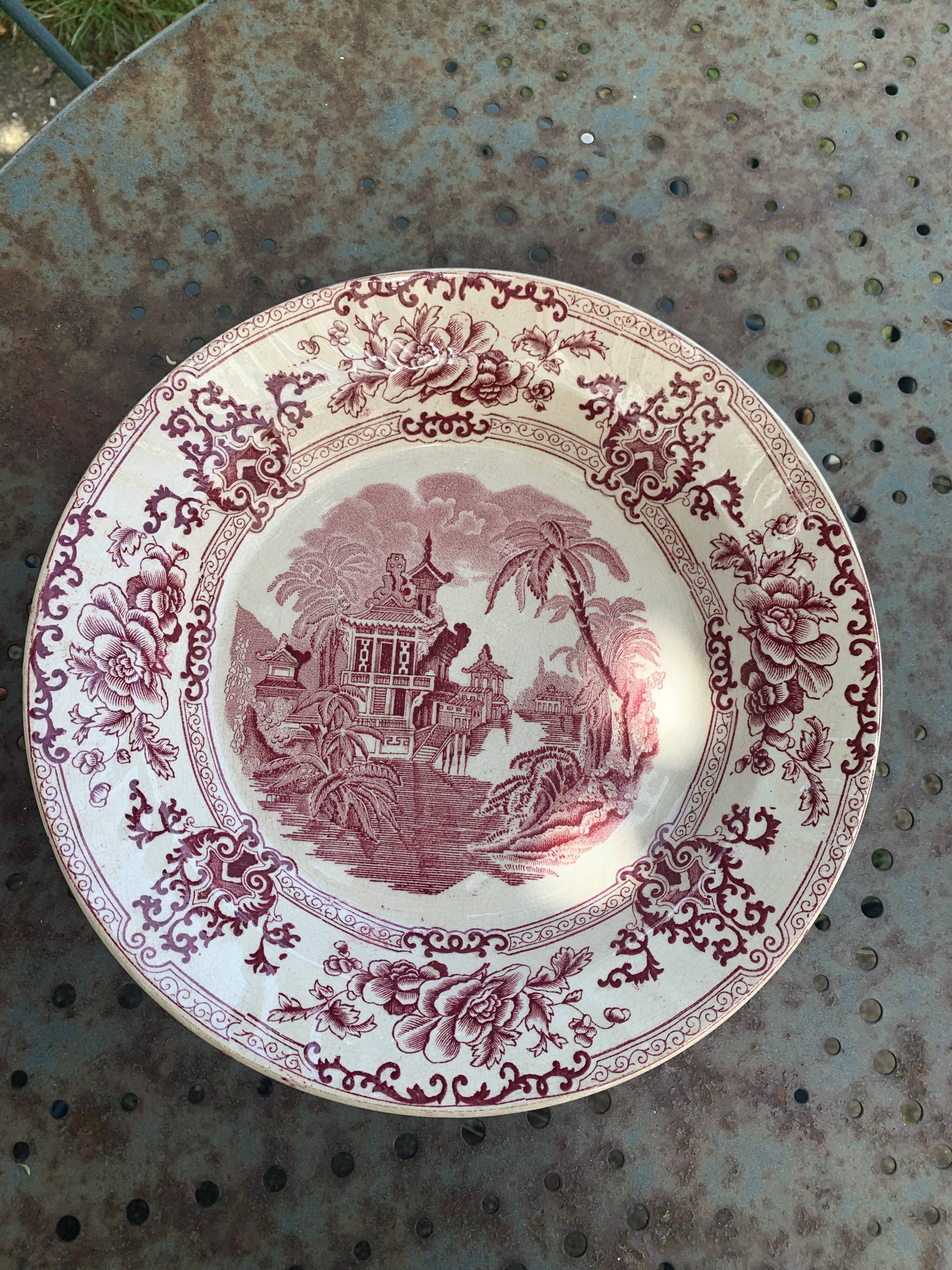 Plat creux ancien, Longwy france, modele Cyprus, motif asiatique, art deco et collector