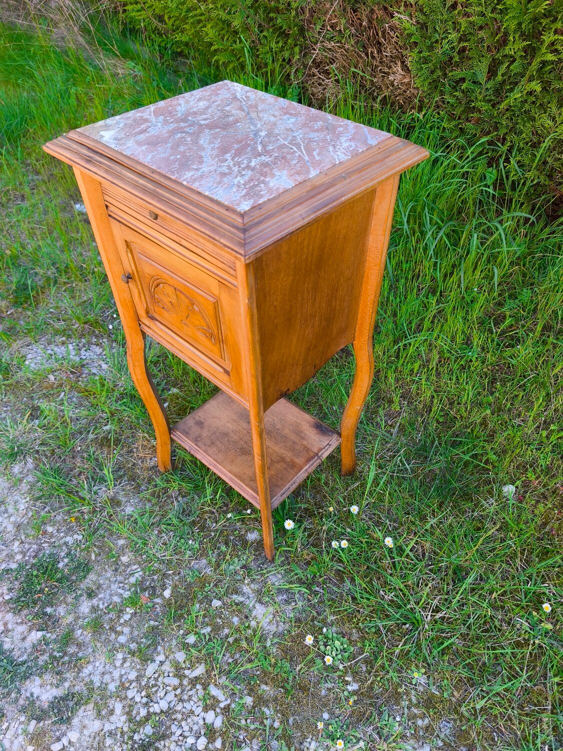Louis XV style bedside table in wood veneer and marble