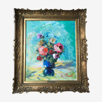 Œuvre originale peinture à l’huile Louis Ducatel nature morte bouquet floral