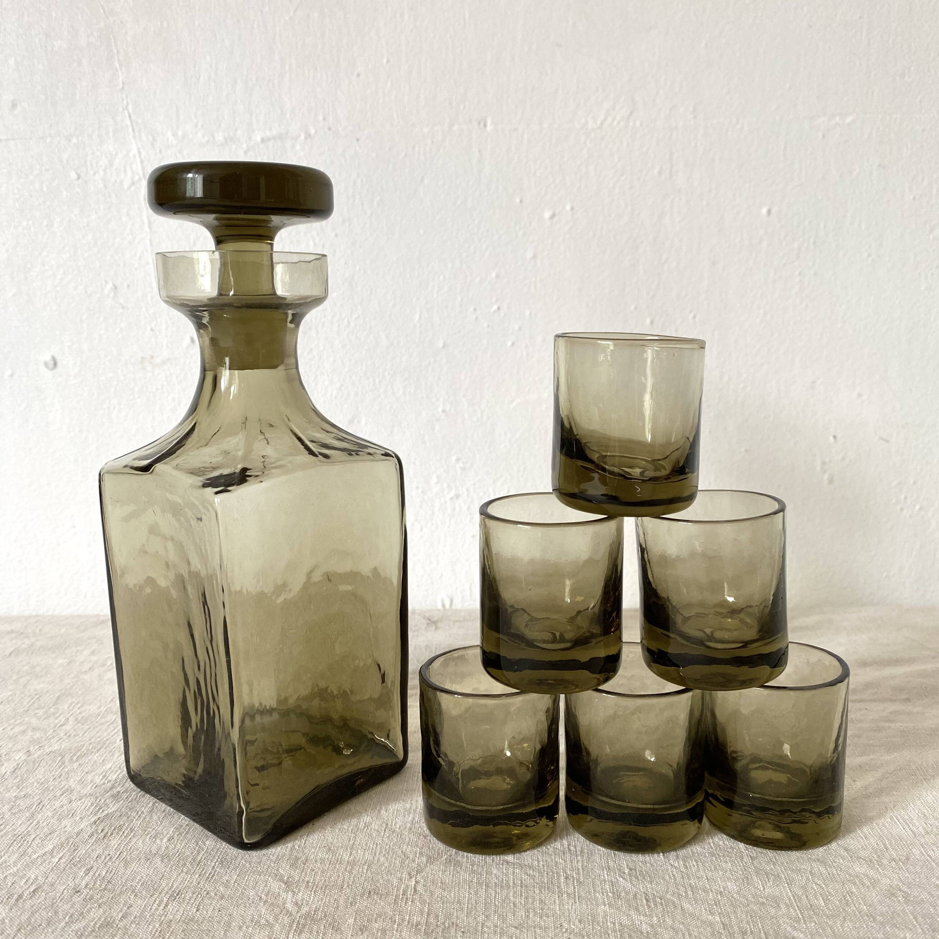 Smoked glass carafe and matching glasses, 1970s