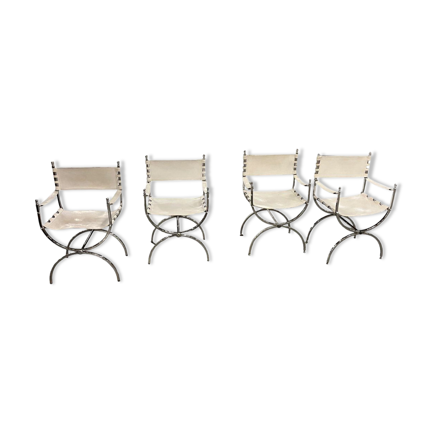 Maison Jansen Set of 4 armchairs Emperor Savonarola White leather and chromed metal