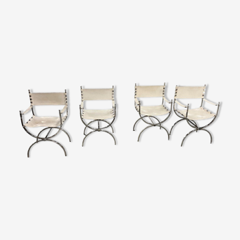 Maison Jansen Set of 4 armchairs Emperor Savonarola White leather and chromed metal