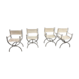 Maison Jansen Set of 4 armchairs Emperor Savonarola White leather and chromed metal