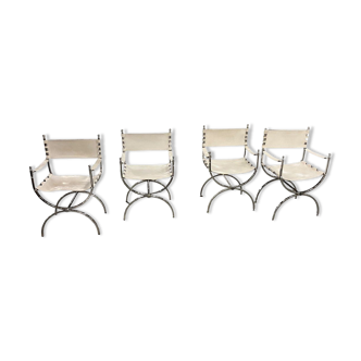 Maison Jansen Set of 4 armchairs Emperor Savonarola White leather and chromed metal