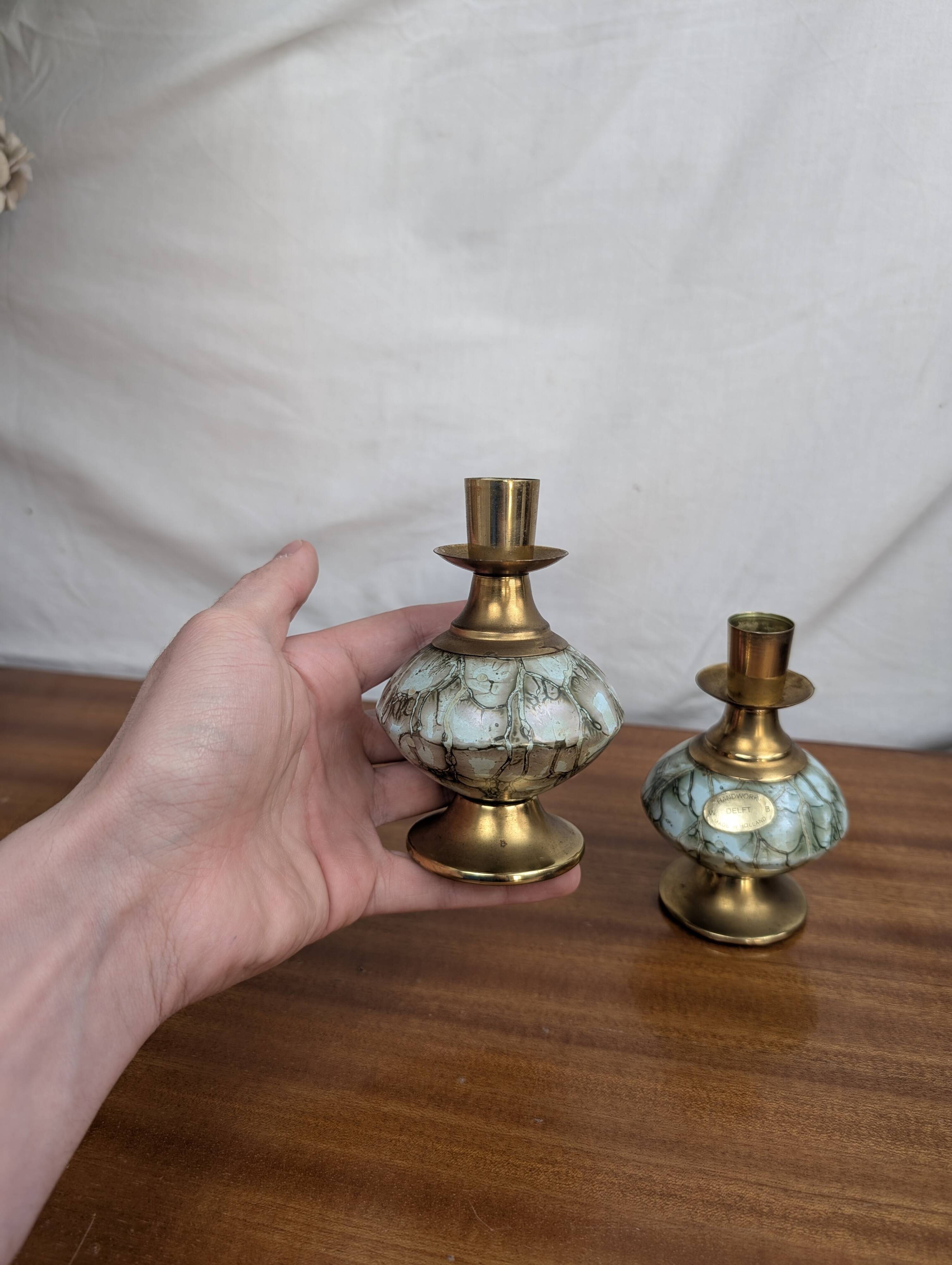 Pair of Art Deco Style Hand Painted Delft Ceramic Candlesticks