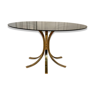 Table basse laiton et verre fumé, 1970s